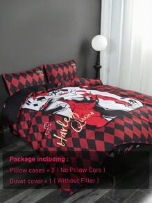 Harley Quinn X SHEIN 3pc Cartoon Character And Argyle Pattern Bedding Set,Suitable For Single Bed/Double Bed/Queen Bed/King Bed, Dormitory/Home - Multicolor - View 4