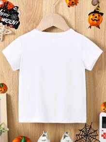 SHEIN Baby Boys' Casual Cute Cartoon Ghost & Pumpkin Print Halloween Short Sleeve Round Neck T-Shirt, Halloween Outfit Spooky Halloween Shirt Pumpkin Shirt Boy's Tee - White - View 2