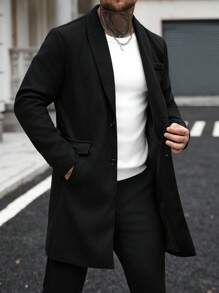 Manfinity CasualCool Klassischer Regular Fit Kniemantel in einfachem Schwarz für Herren, langärmelig, formeller Stil, eleganter schwarzer Mantel, Business Lässig Herren Winter Schwarzer Mantel, Herbst