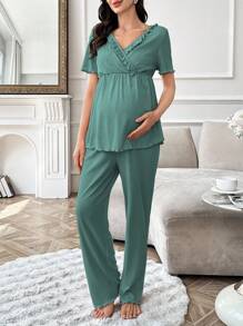 Moonlight&Mama Bộ đồ ngủ bà bầu tay ngắn cổ chữ V viền bèo nhún màu trơn - màu xanh lá - Xem 3