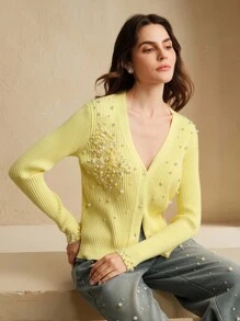 Anewsta Women's Lace Floral Beaded Yellow Cardigan - Yellow - View 7