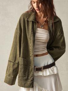 Bohemela Women's Turndown Collar Long Sleeve Pocket Jacket,Fall - Army Green - View 1