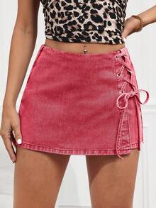 SHEIN Tall Pantaloni scurți din denim cu bretele încrucișate, casual, pentru femei, de vară - roșu - Vizualizare 3