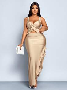 SOLERSUN 大码女装秋冬时尚性感无袖心形领，胸前扭腰镂空褶边荷叶边侧高开衩超长连衣裙，杏色纯色针织面料，腰包臀褶皱派对连衣裙，鸡尾酒会连衣裙，约会连衣裙，节日连衣裙 - 卡其色 - 查看 6