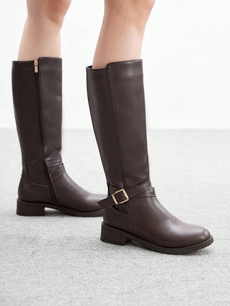 CUCCOO BIZCHIC Women's Round Toe Thick Sole Coffee Color Side Zipper Knee-High Boots, Casual Commute Versatile Flat Tall Boots For Christmas Spring Shoes