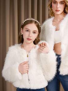SHEIN 女孩休闲人造毛皮夹克，可爱时尚风格，白色蓬松舒适，适合春季、夏季、秋季，非常适合户外、购物、聚会 - 白色 - 查看 5