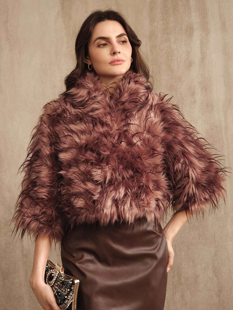 ファッショナブルなフェイクファー襟付き ショートジャケット、秋冬、新年、エレガント、シック、スタイリッシュ、クリスマス、外出に適しています