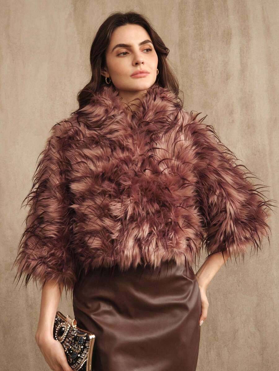 Anewsta 时尚仿毛领短外套，适合秋季、冬季、新年穿着，优雅、别致、时尚，圣诞节、外出皆宜 - 鏽棕色 - 查看 1