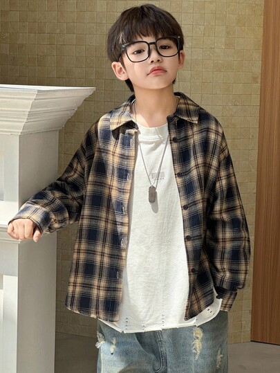 Dazy Kids 青少年男孩寬鬆休閒格紋襯衫，秋季長袖上衣
