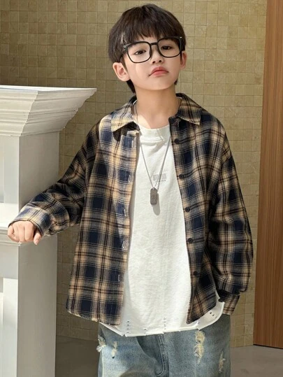 Dazy Kids 秋季大码男童宽松休闲格子衬衫