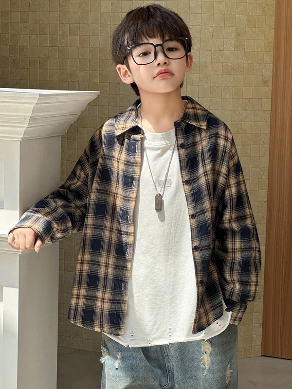 Dazy Kids Plus Size Boys' Loose Casual Plaid Shirt, Autumn