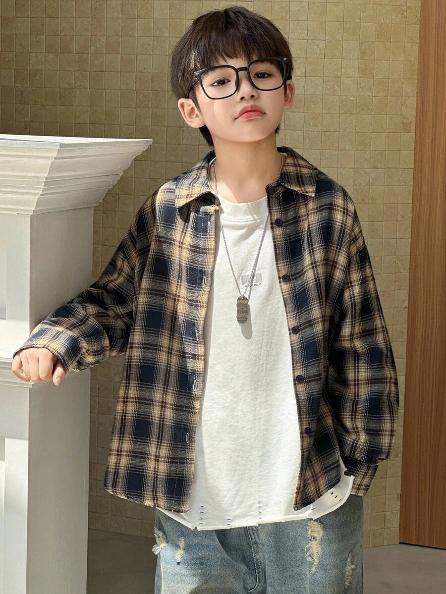 Dazy Kids 秋季大码男童宽松休闲格子衬衫