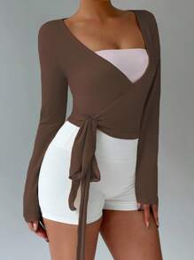 FavEase Suéter corto envolvente de yoga, fitness y deportes de color rosa, cárdigan de cuello en V de manga larga, elástico y suave, minimalista y elegante, una prenda básica de armario a juego para mujer, para primavera y otoño - Marrón - Ver 6