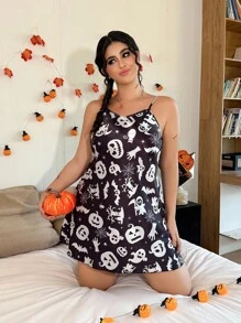 SHEIN Plus Size Women Halloween Pumpkin & Ghost Print Slip Dress - Multicolor - View 6