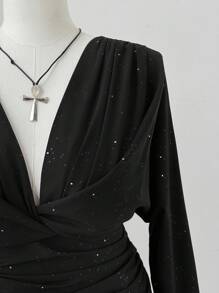 Sunspun Plus Size Women's Autumn/Winter Plunging Neck Sequin Bling Bling Black Elegant Vintage Cute Casual Chic Fitted Blouse Fall Cloth For Women - Black - View 6