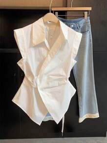 SHEIN 大码夏季休闲纯色无袖裹身衬衫 - 白色 - 查看 1