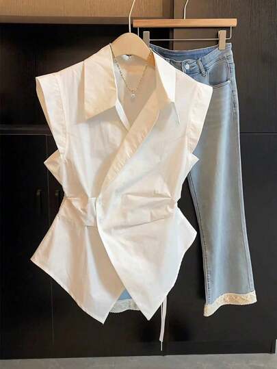 SHEIN 大码夏季休闲纯色无袖裹身衬衫