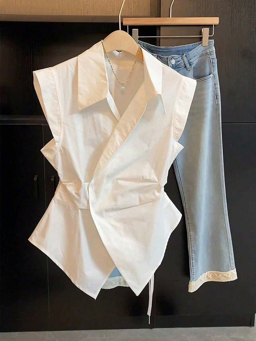 SHEIN 大码夏季休闲纯色无袖裹身衬衫 - 白色 - 查看 1