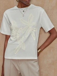 Firerie VITNOS New Fall/Winter High-End Women's Casual Everyday Commuter Elegan Women's Elegant Embroidered Solid Color Loose Cotton T-Shirt, Spring/Summer Autumn, Night Out, Parties, Date Night, Country, Homecoming, Casual, Holiday Vacation - Beige - View 1