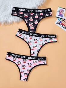 Paul Frank X SHEIN Tanga cómodo para mujer con estampado de mono y cinta con letras - Negro - Ver 1