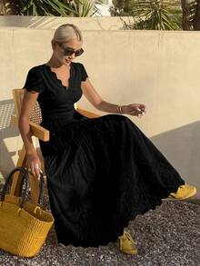 DAZY Đầm trắng thanh lịch cổ chữ V tay ngắn ôm eo bằng ren dành cho nữ, đầm hè. - màu đen - Xem 1