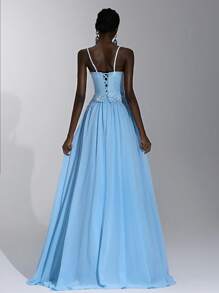 Elitara 优雅奢华浅蓝色缎面手工水钻肩带超大 A 字裙摆连衣裙，适合约会、单身派对、招待会、舞会、正式场合、庆典和宴会正式礼服 - 淺藍色 - 查看 4