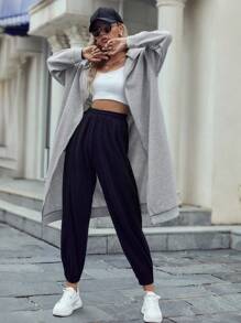 SHEIN Unity Drop Shoulder Hidden Pocket Zipper Longline Hoodie,Ladies Late Fall Casual Pocket,Zipper Long Sleeve Hooded Oversized Long Grey Drop Shoulder Zip Up Women Hoodies,Long Sleeve Tops Graduation,Back To School Outfits,Graduation,Teacher Outfits For Women,Back To School Pullover - Grey - View 5