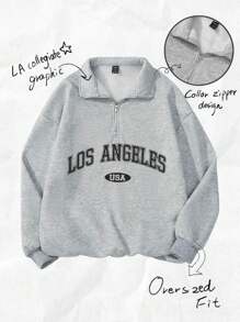 Attitoon Plus Size Retro Campus Style Casual Plus Size Women Loose Half Zip High Neck Fleece Hoodie, Suitable For Autumn/Winter Los Angeles Sweatshirt College Clothes Fall