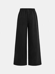 SHEIN Tween Girls' Loose Casual Simple Comfortable Wide Leg Woven Pants, Versatile Fall Winter - Black - View 2