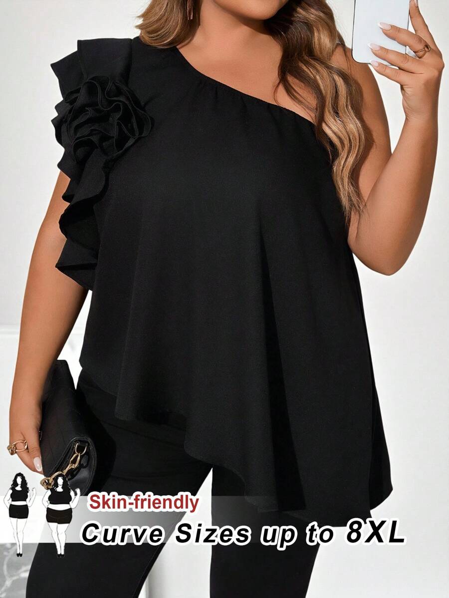 SHEIN CURVE+ 大码女装春夏时尚优雅舒适立体花朵不对称下摆黑色上衣外出上衣