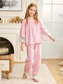 青少年女孩圆领蕾丝拼接袖上衣和宽松裤子睡衣套装 - 淺粉色 - 查看 3