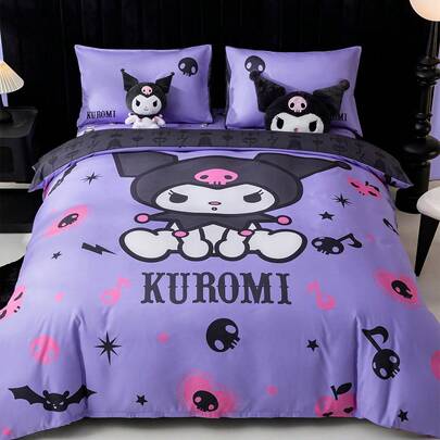 HELLO KITTY AND FRIENDS | SHEIN 3pc Cartoon Kuromi & Letter Print Bedding Set Suitable For Single Bed/Double Bed/Queen Bed/King Bed, Dormitory/Home