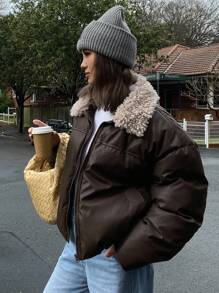 Women's Fur Collar Patchwork Loose Casual Street Style PU Leather Padded Coat Jacket Winter - Coffee Brown - View 7