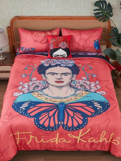 Frida Kahlo X SHEIN 3st figur- och blommönster påslakan och örngottset, mjukt och bekvämt material, lämpligt för olika sängstorlekar