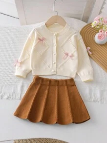 Souflis Souflis Baby Girl Bow Decor Knitted Cardigan And Knitted Skirt Set Fall Winter - Apricot - View 3