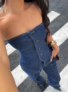 Siren Gaze 女式纯色前扣吊带背心和牛仔裤套装 - 深色水洗藍 - 查看 4