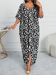 SHEIN Lady CURVE  Plus Size V-Neck Long Sleeve Solid Color Patchwork Loose Casual Dress Robe Halloween Clothes Halloween Clothes Leopard Print - Grey - View 3