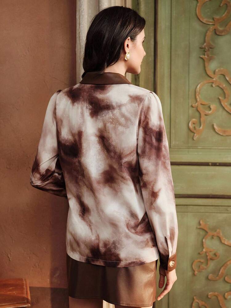 Women's Shirt With PU Collar, Splicing & Gradient Print, Long Sleeve