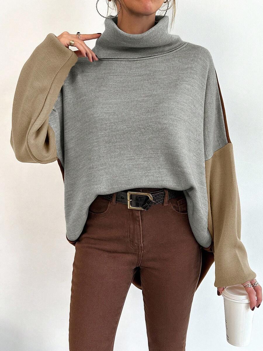 SHEIN Cottnline Women's Loose Fit Color Block Sweater - Apricot - View 1