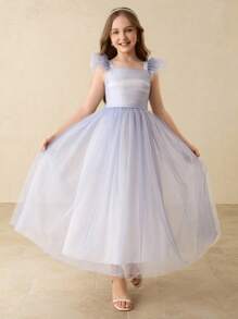 New Cap Sleeve High-End Mesh Princess Dress, Suitable For Back To School Party, Halloween, Girls Elegant Costume Dress - Blue - View 4