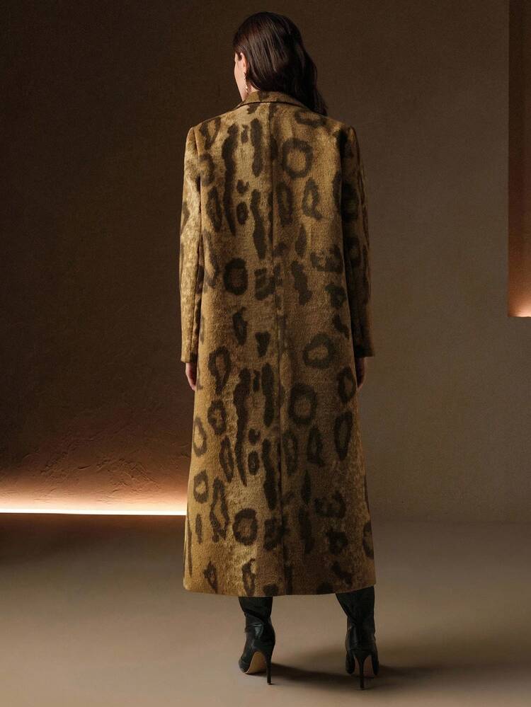 ブラウン アニマル レオパード柄 シングルブレスト ノッチドカラー 長袖 Hライン ロングオーバーコート