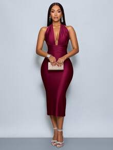 SOLERSUN Sexy Women's Deep V-Neck Halter Sleeveless Dress Maxi Women Outfit - Dark Red - View 1