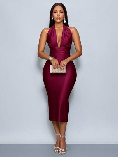 SOLERSUN Sexy Women's Deep V-Neck Halter Sleeveless Dress Maxi Women Outfit