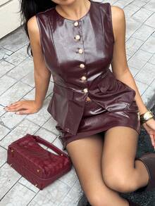 Siren Gaze Nuevo traje de mujer de PU con cuello redondo, sin mangas, con botones delanteros y estilo informal, color rojo vino