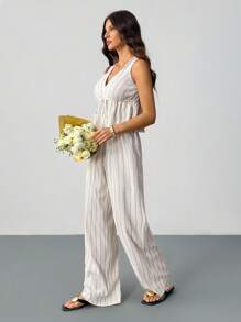 SHEIN Tall 2pcs Women's Striped Tie Waist Sleeveless Top And Pants Set, Tall Version, Classy Outfits For Women, Dress Casual, 2 Pieces Women's Summer Casual Resort Sleeveless Striped Tie Waist Waistband Sleeveless Top And Pants Summer Outfits For Women Two Pieces Set Women Vacation Outfits Woman Everyday Wear,Elegant Women's Set,Country Style For Women - White - View 4