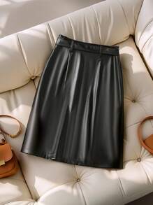 GlowEve Women's Solid Color Front Button Closure Skirt, Suitable For Commuting - Black - View 2