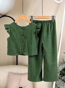 Elladie kids 2件套女童纹理面料短袖纽扣后背T恤和休闲长裤套装 2件荷叶边套装 幼儿女童 绿色亚麻套装 - 軍綠色 - 查看 4