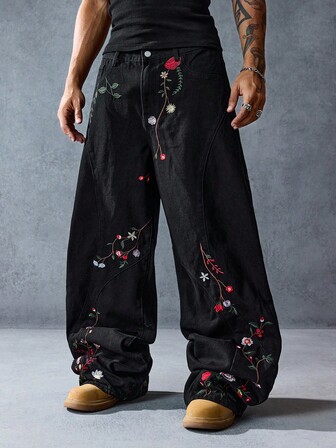 Street Life Men's Floral Embroidered Straight Leg Casual Retro Fashion Jeans, Grunge
