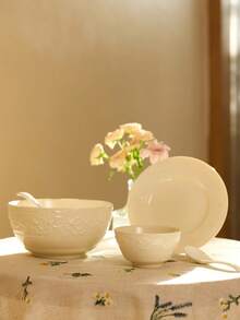 Cirelle 陶瓷浮雕法式奶油风格厨房碗和盘子，白色家用餐具套装，高审美价值，饭碗，蔬菜盘，盘子，筷子，洗碗机，微波炉适用|盘子，盘子套装，餐具套装，餐具 - 白色 - 查看 2