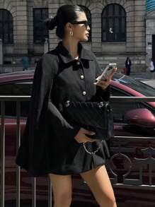 DAZY 女士加大码加厚羊毛披肩外套，复古优雅高端秋冬斗篷夹克 - 黑色 - 查看 11